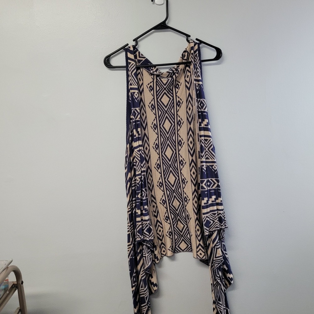 Charming Charlie Womens Large Blue Tan Geometric Sleeveless Cardigan Vest